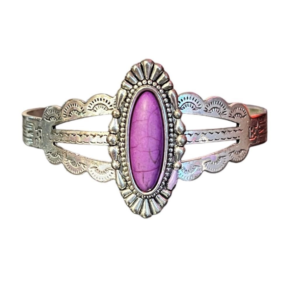 Native Style Purple Stone Silver Tone Bangle